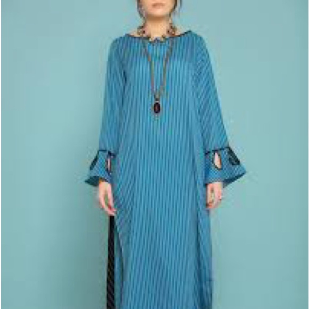 Ammara Khan Blue Stripe EID Embroidered Bell Sleeve Pakistani Kaftan Dress SZ XS